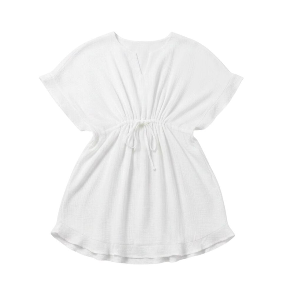 White Flowy Babydoll Mini Dress Drawstring Waist Boho Beach Cover Up Ruffle Hem - Picture 11 of 12